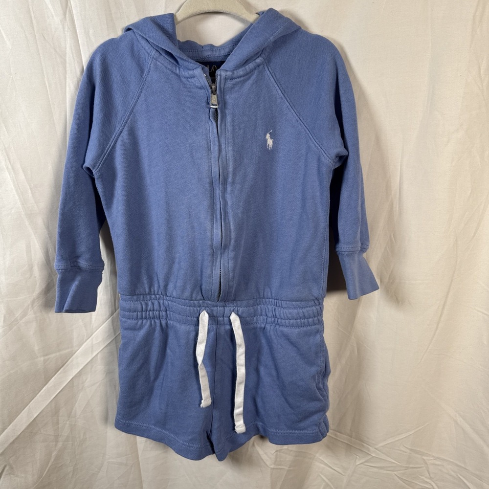 Ralph‎ Lauren Girls 2T Hoodie Romper Zip Up One Piece Blue Drawstring Pony Logo